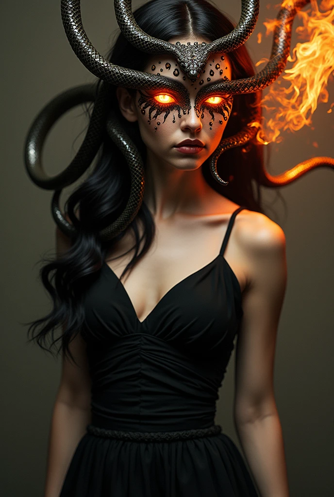 Create for me a picture of a girl wearing a black dress with the face of the Greek Medusa and a number of cobra snakes Keith are on fire from this girl's eyes. I want it to be a fancy clothing brand logo