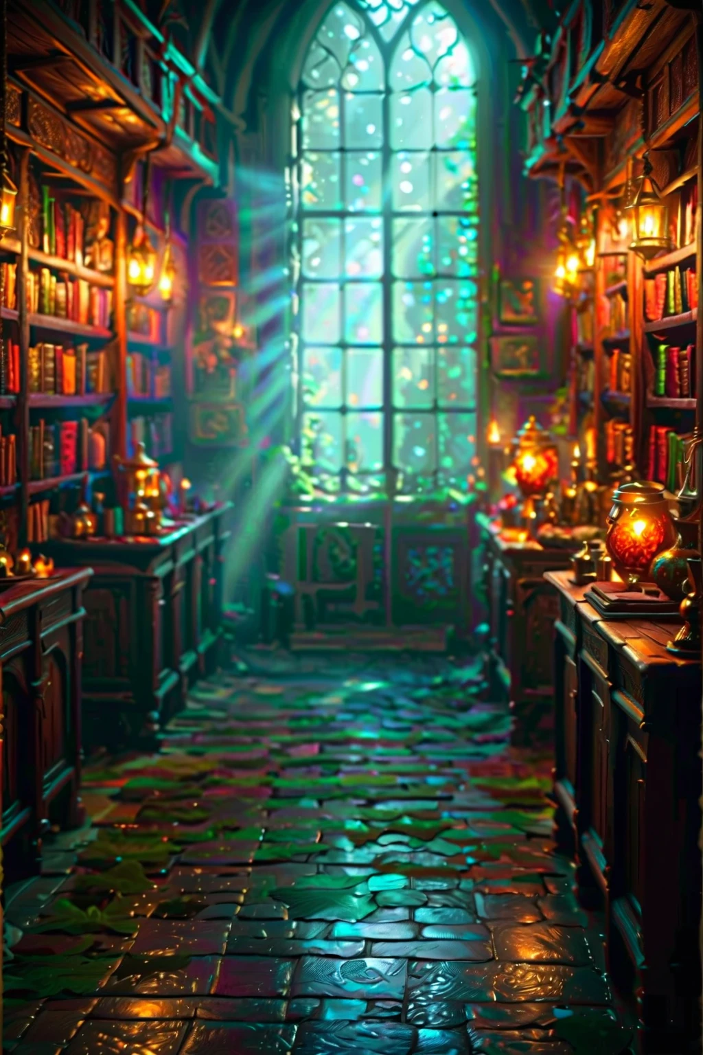 RPG concept art of a medieval fantasy tavern interior, colorful tapestries on the walls Game of Thrones Hogwarts bright morning sunlight shining in from windows with cluttered tables