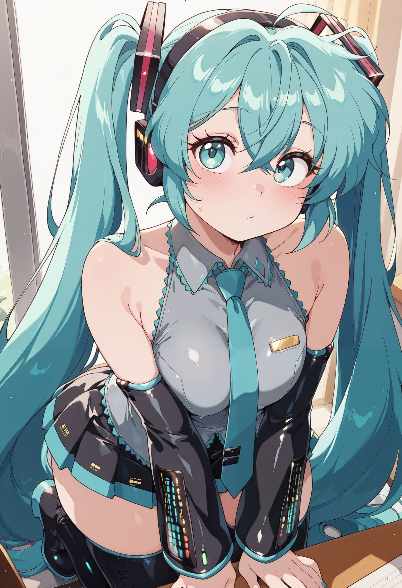 score_9, score_8_up, score_7_up, score_6_up, Bl3th3bn3_Styl3_SKNSFW, masterpiece, best quality, 1girl, miku hatsune, ahoge, aqua eyes, aqua hair, crossed bangs, hair between eyes, hair ornament, headphones, long hair, twintails,
aqua necktie, black footwear, black skirt, black sleeves, boots, collared shirt, detached sleeves, grey shirt, necktie, pleated skirt, shirt, skirt, sleeveless, sleeveless shirt, thigh boots, tie clip,