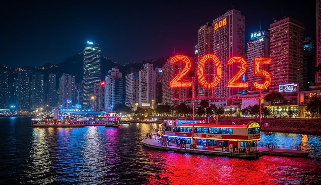 Lighting show in hong kong night, (word '2025' is flashing in the sky), view from hongkong street 