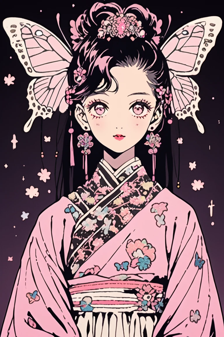 ( top quality , sketch:1.2),Genuineistic, illustrator ,anime, 1 girl,  detailed lips , sweater ,custom, pink gradient background ,Neon Hair,  texture cropping ,masterpiece,  style for stilets: Retro Classic,  dark black 、 braided 、Under the Moon、 black hair、Beautiful butterfly、Rainbow  Butterfly Hair Ornaments、 long hair、 white skin, side tail with a single knot、 Butterfly Hair Ornaments、、 beautiful girl 、Genuine、cute、  PURPLE EYES、 side tail