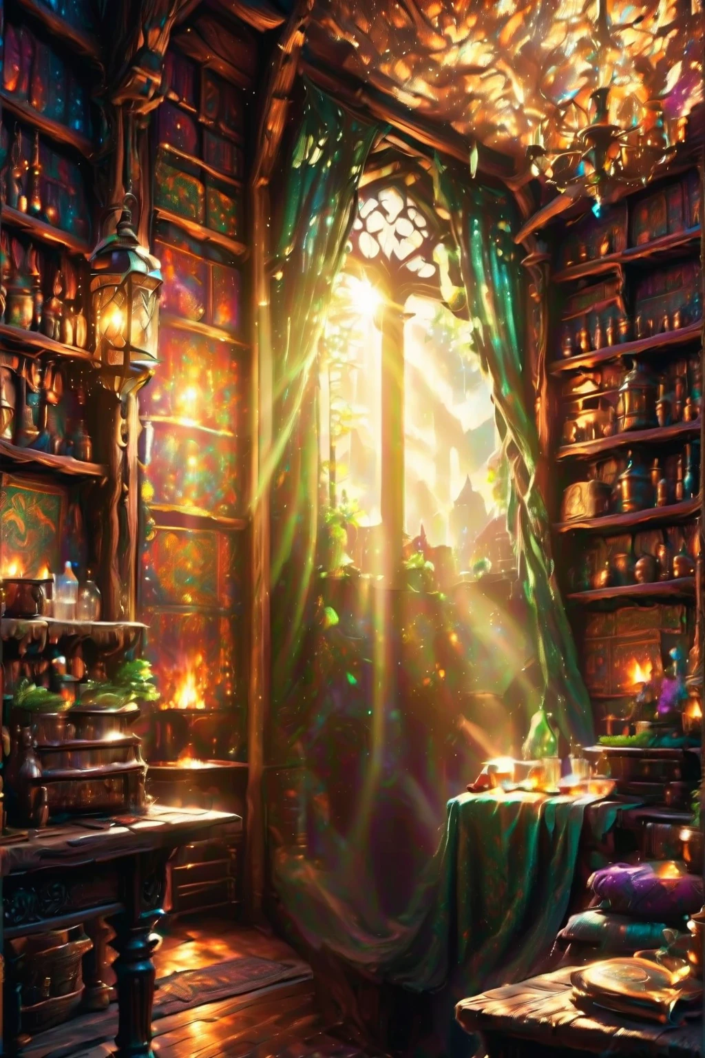 RPG concept art of a medieval fantasy tavern interior, colorful tapestries on the walls Game of Thrones Hogwarts bright morning sunlight shining in from windows with cluttered tables