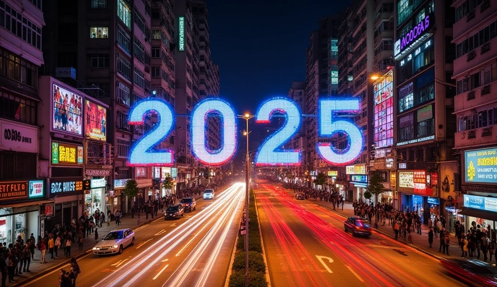 Lighting show in hong kong night, (word '2025' is flashing in the sky), view from hongkong street 