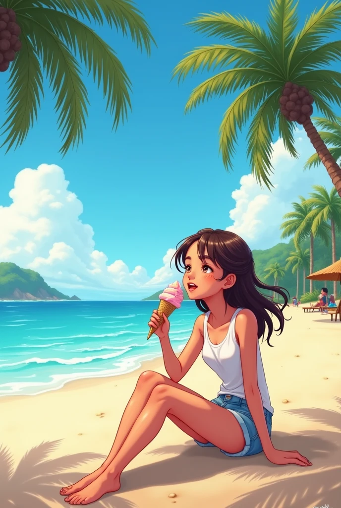 Beautiful picture of fade_valorant sitting on the beach enjoying the view, bikini, sitting on a rock, sunset, shoulders tattoo of a bear paw