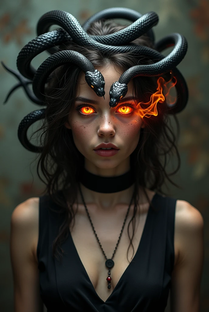 Create for me a picture of a girl wearing a black dress with the face of the Greek Medusa and a number of cobra snakes Keith are on fire from this girl's eyes. I show her to look at her having sharp fangs and she is 40 years old