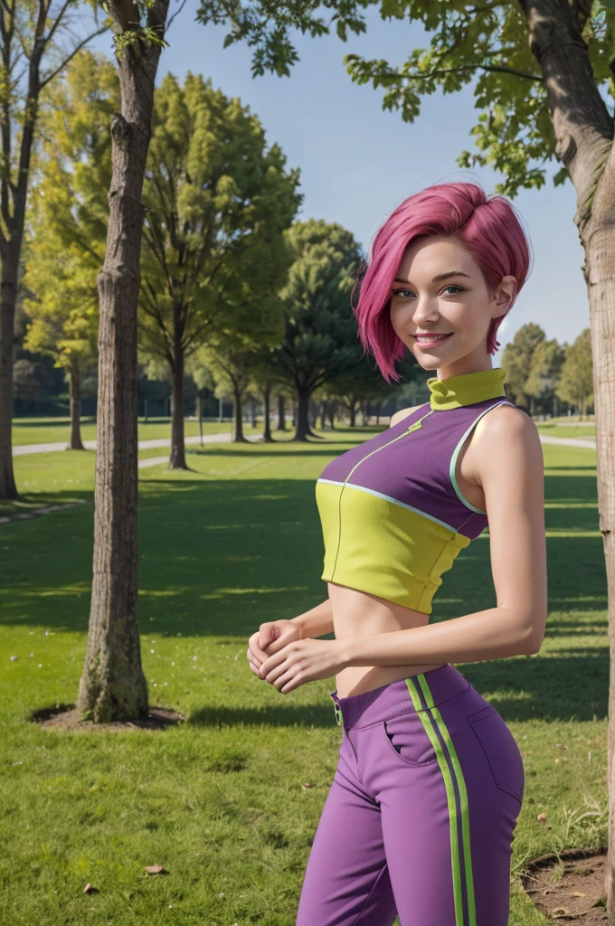 Tecna,short pink hair, green eyes,CasualOutfit, sleeveless purple and green croptop, purple pants, looking at viewer, smiling, standing, medium shot,  arms crossed, outside, park, trees, grass, winter, blue sky, high quality, masterpiece, 