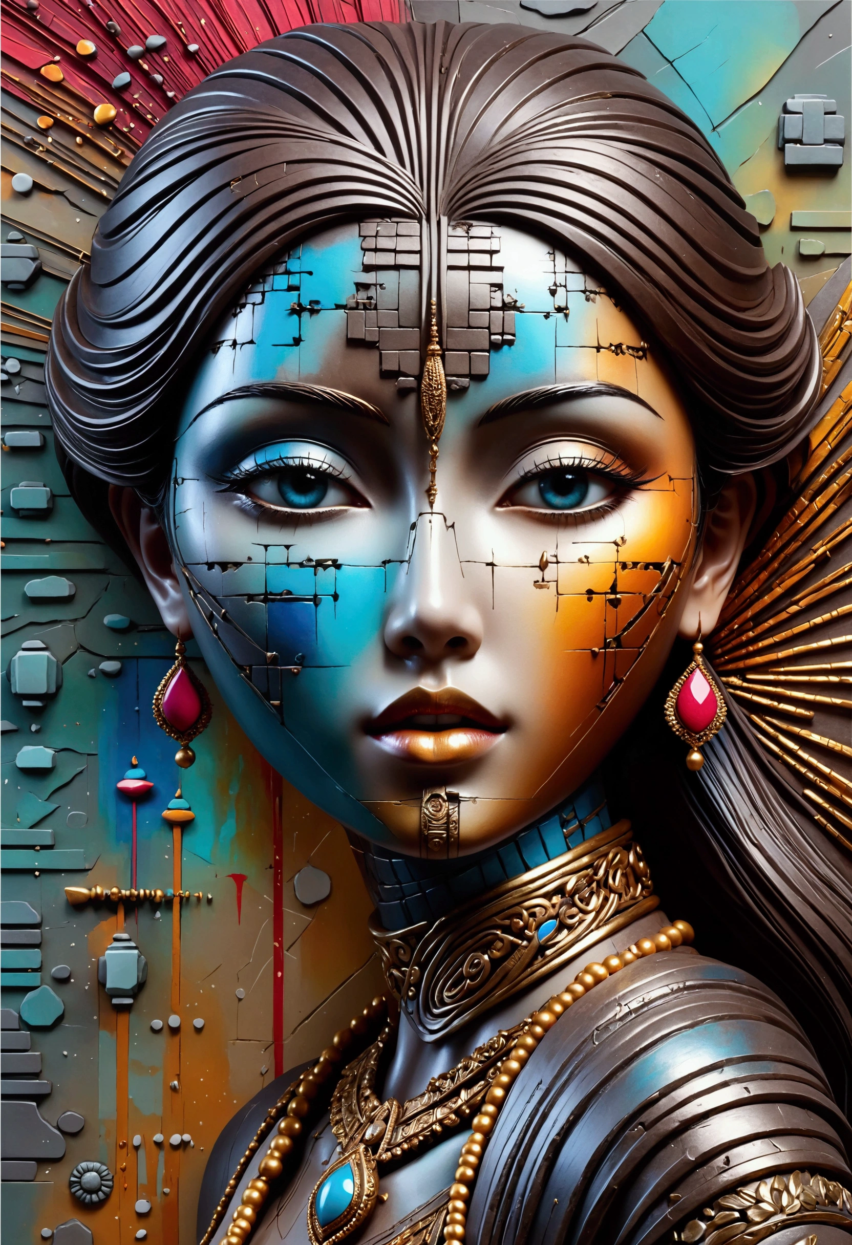 A beautiful young Asian woman, highly detailed and realistic 3D sculpture, Thai style abstract art, golden color, beautiful detailed eyes, beautiful detailed lips, extremely detailed face and features, long eyelashes, elegant posture, intricate patterns, masterpiece, best quality, 8k, ultra-detailed, photorealistic, physically-based rendering, vivid colors, studio lighting