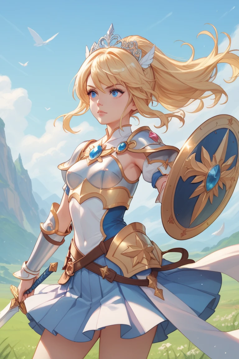 A beautiful magical girl warrior, long blonde hair, blue eyes, small breasts,Fantasy cropped armor  white pleated skirt. Tiara, sword and shield she goes on an adventure trip She walks through an imaginative landscape