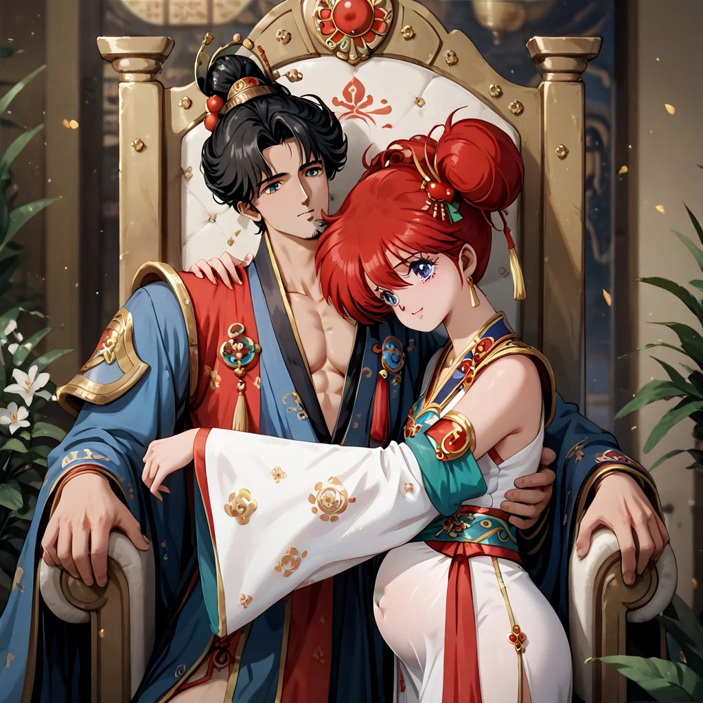 (( top quality )), ((masterpiece)), ( Details), （ perfect face）、Yoko Asagiri, who is pregnant with red hair, wears a gorgeous ancient Chinese empress's Hanfu and is in love by hugging and snuggling with the man of the ancient Chinese emperor on the luxurious and large throne of the ancient Chinese court