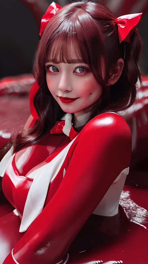 (masterpiece,best quality,ultra-delicate,Perfect Face,16k,high resolution,very beautiful woman),red slime girl,Red Slime Body, Green Eyes, Yellow bow tie:1.2 ,large Breasts,Long Hair,melting legs,smirk,red muddy caves,upper body shot,crossing arms