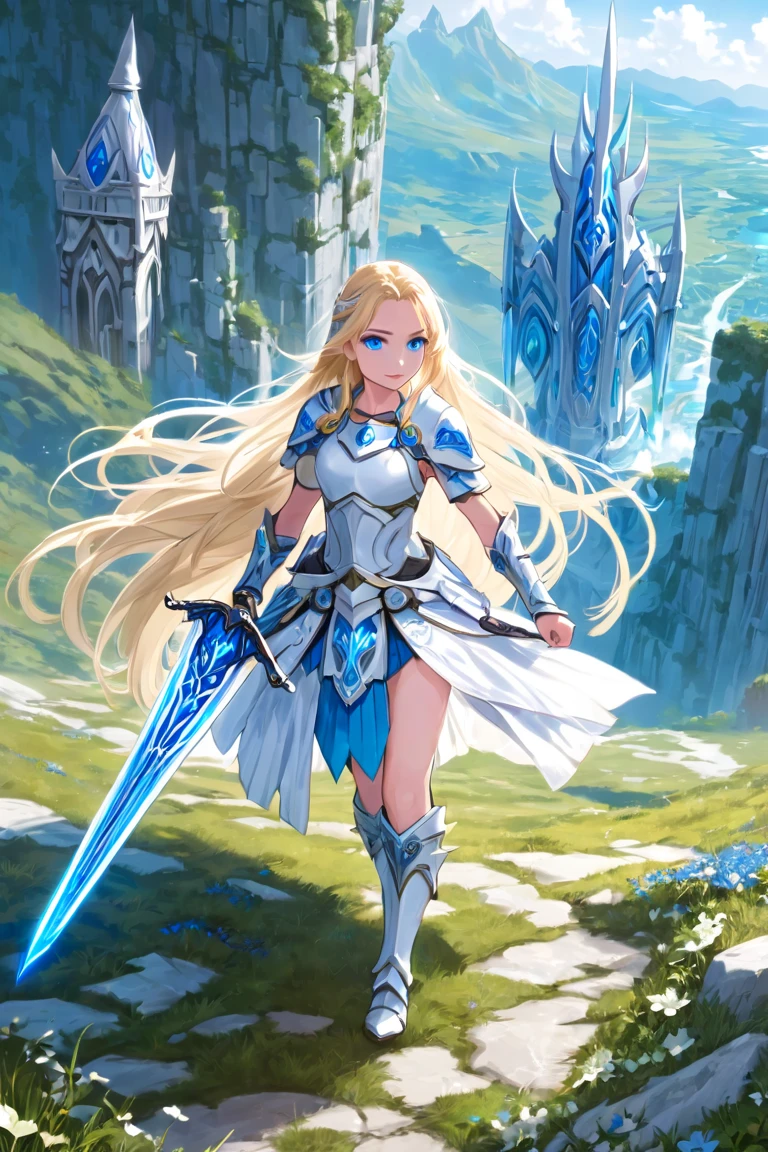 A beautiful magical girl warrior, long blonde hair, blue eyes, small breasts,Fantasy cropped armor  white pleated skirt. Tiara, sword and shield she goes on an adventure trip She walks through an imaginative landscape