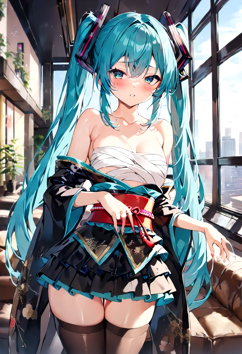 (nsfw, uncensored:1.4), (hatsune miku:1.2), (sarashi:1.4), (long kimono sleeves:1.2), (kimono skirt:1.4), (sheer black stocking:1.4), (cowboy shot:1.4), (luxurious penthouse, indoor rooftop japanese livingroom:1.4), 