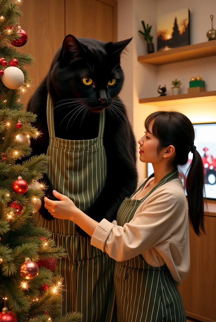 ultra-realistic, photorealistic, dramatic scene, shadow, global-illumination, (the human-like very large black cat with vertical striped green apron is decorating a Christmas tree in the stylish Japanese apartment room), (A beautiful with cute Japanese 20 years old girl is also decorating a Christmas tree), (20 years old girl with shoulder-length brown ponytail hair), the girl looks so happy, a TV and table and shelf are in the room, gorgeously decorated with Christmas decorations