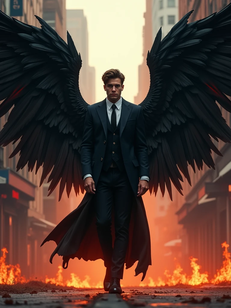 Blood-eyed angel male warrior in a suit， Strong ，Young and handsome，Turn sideways，There is a flame under your feet，Standing on the streets of the end ，Twelve giant black wings grow from behind him ，Horror atmosphere