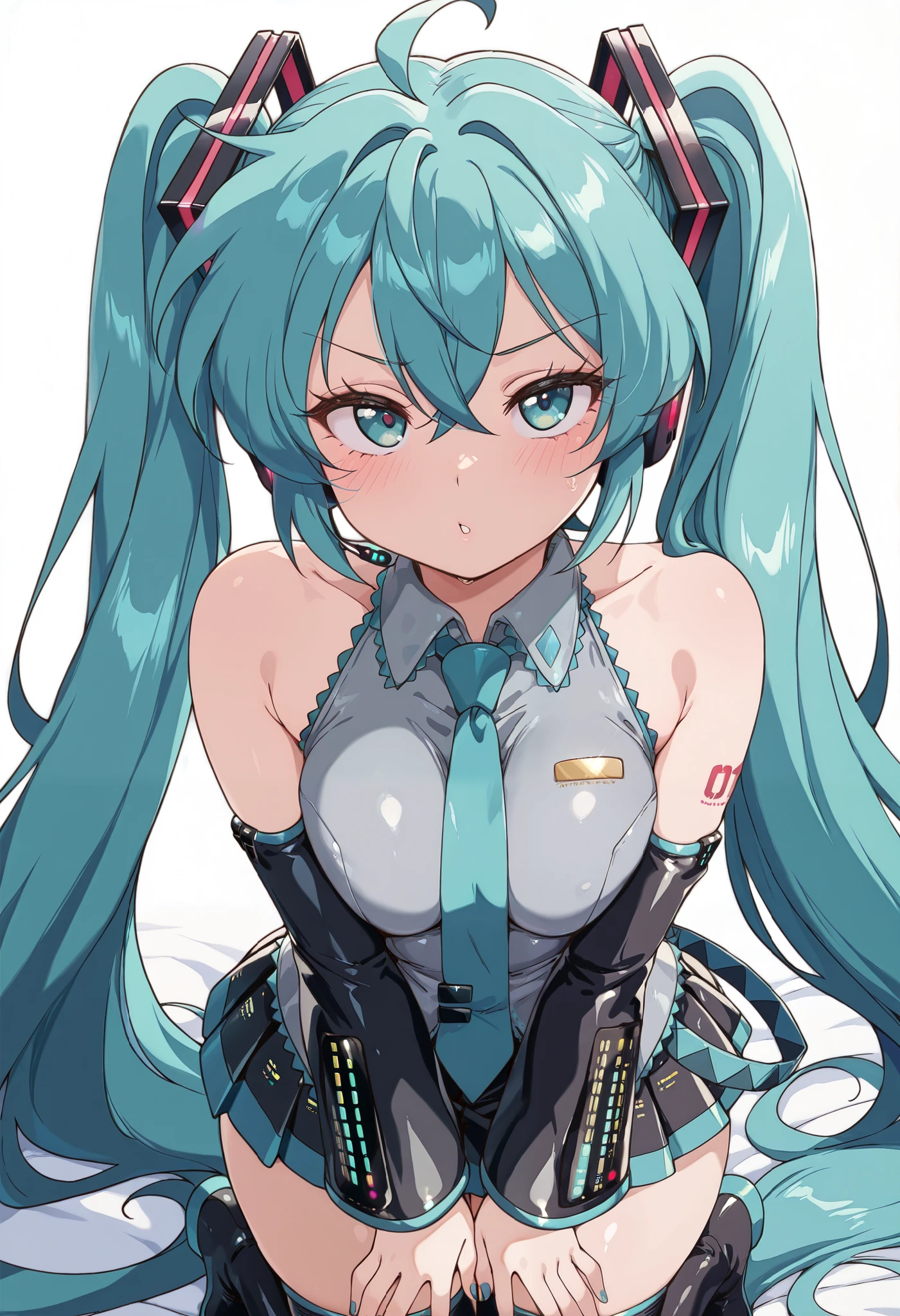 score_9, score_8_up, score_7_up, score_6_up, Bl3th3bn3_Styl3_SKNSFW, masterpiece, best quality, 1girl, miku hatsune, ahoge, aqua eyes, aqua hair, crossed bangs, hair between eyes, hair ornament, headphones, long hair, twintails, aqua necktie, black footwear, black skirt, black sleeves, boots, collared shirt, detached sleeves, grey shirt, necktie, pleated skirt, shirt, skirt, sleeveless, sleeveless shirt, thigh boots, tie clip, dakimakura, pose sexy, seductive look
