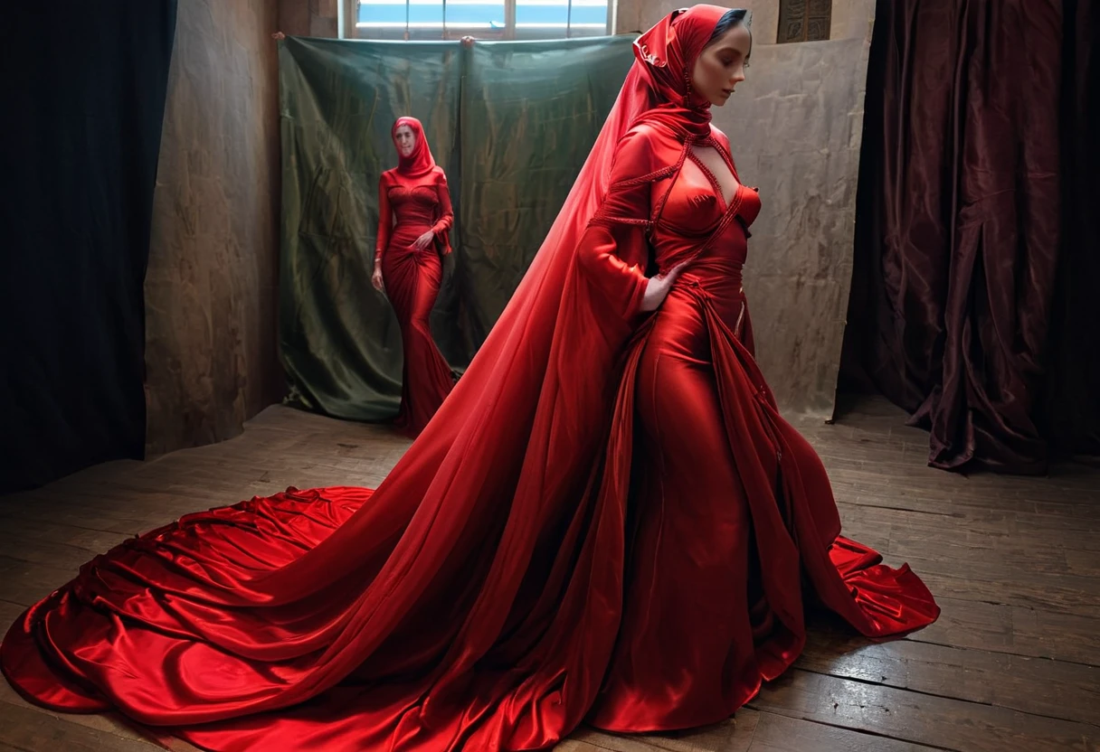 Two woman in the translucent red night gown, half naked, nipple on with nipple piercing, shibari ,tied with red satin rope,wearing satin hijab, full body,mermaid tight long gown, flowy dramatic long gown,very long flor length gown, tall women, sexy face, sexy pose, wear high heels, hyper realistic,masterpice 