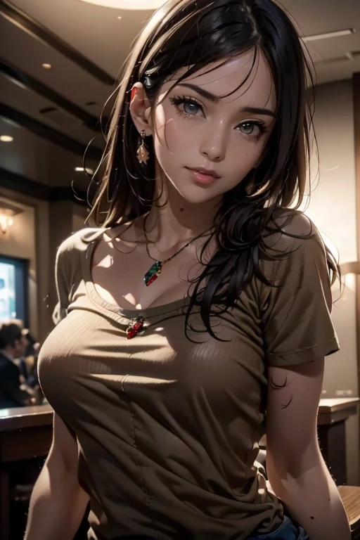 masterpiece,  top quality ,  realistic ,  super detailed , Small details,  High Definition , 8k wallpaper,  one beautiful woman inside the aquarium building , Wear casual business attire,  at a great restaurant, At night,  Light brown disheveled hair ,  perfect dynamic composition with Santa Claus costume,  precise and beautiful eyes 