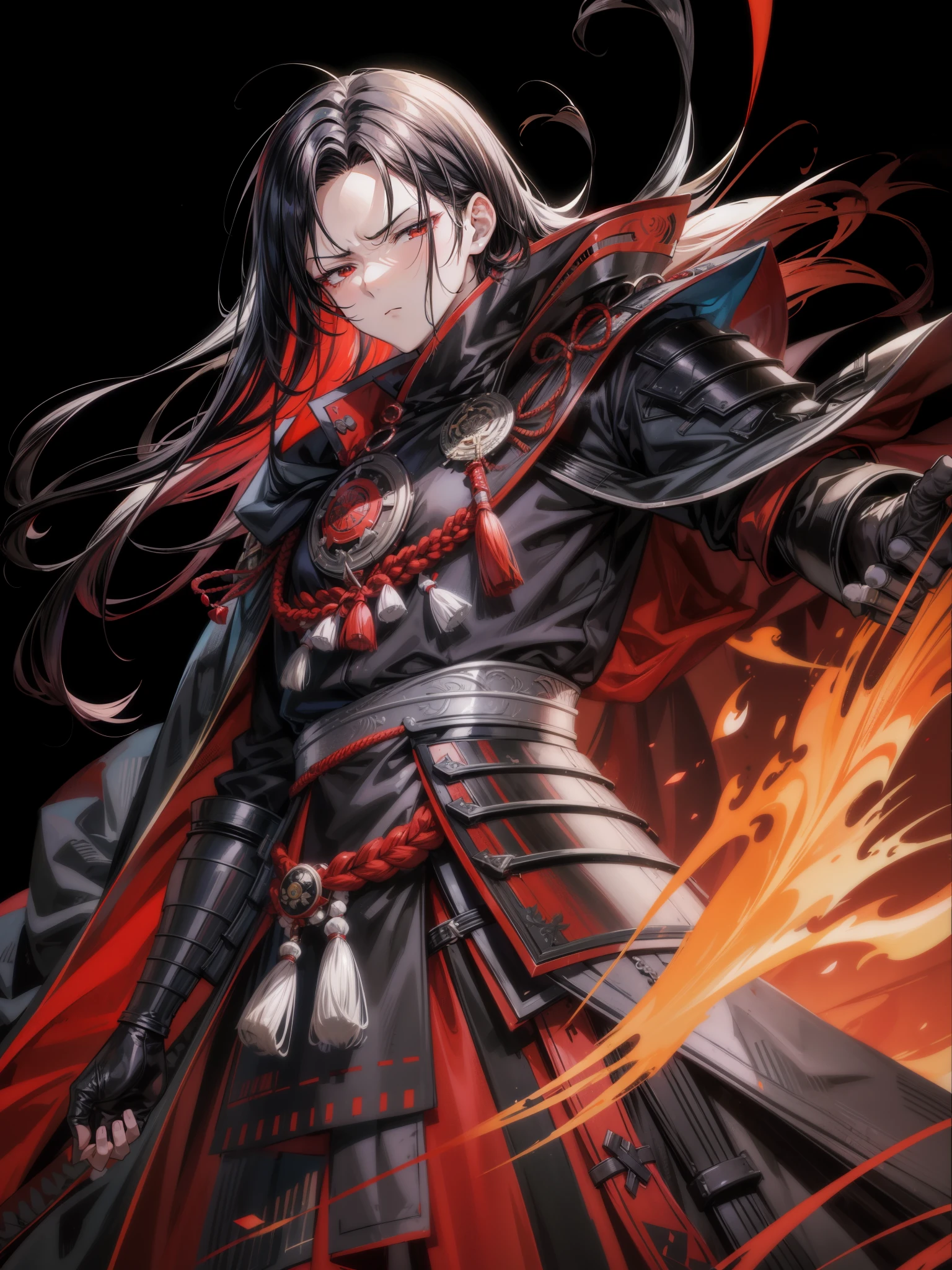 anime, best quality, extremely detailed, masterpiece, ultra high res, adult man, serious, samurai, fully slicked-back, long hair, black hair, ikemen, red armor, cloak, 25 years old