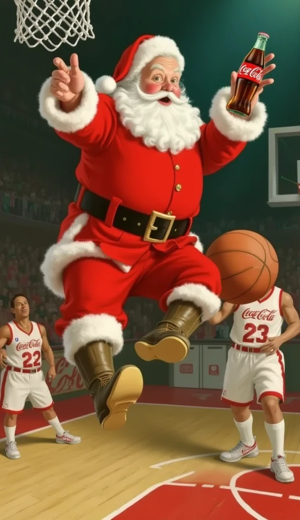 santa claus playing basketball. one hand doing the slam dunk while the other holding a bottle of coca-cola. He jumps high in the air for the slam dunk while the other basketball players stand on the floor.