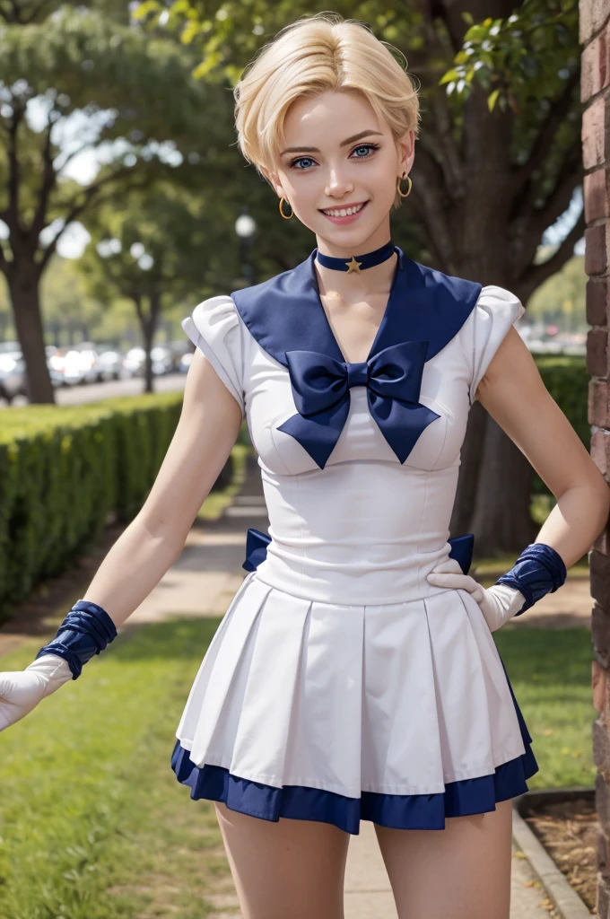 EPsmSailorUranus, short blonde hair, blue eyes, circlet, choker, earrings, white elbow gloves, blue sailor senshi uniform, yellow bow, blue skirt, looking at viewer, smiling, teeth, standing, cute pose, outside, park, trees, night time, stars, high quality, masterpiece, 