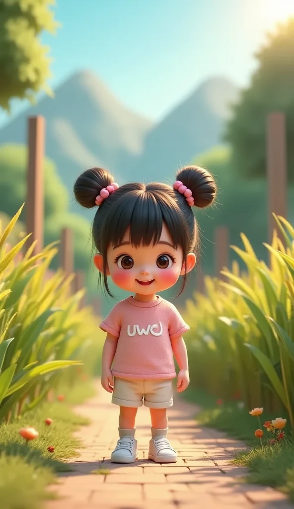 A cute and adorable  girl with her hair styled into two high buns and bangs, her shimmering hair strands glowing under the gentle afternoon sun. She’s a beautiful  with rosy cheeks, wearing a pastel-colored shirt with the word “uwu” printed on the front. She sits joyfully in a small rustic hut near a lush green rice field, her tiny hands resting on her knees as she gazes out at the serene landscape. The tranquil scene features golden stalks of rice swaying in the breeze, a sparkling river winding through the fields, and majestic mountains standing tall in the distance. The sunlight bathes the setting in a golden hue, creating a peaceful and heartwarming moment of pure joy and wonder.

