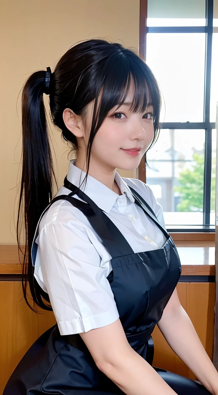 (highest quality,masterpiece:1.3,ultra high resolution,),(Super detailed,caustics),(Photoreal:1.4,RAW shooting,)ultra-realistic capture,very detailed,High resolution 16K human skin close-up。 natural skin texture、,The pores are、、、、Must be detailed enough to be easily identified。 Skin should look even-toned and healthy。 Use natural light and color,restaurant,waitress uniform,1 girl,Japanese,18-year-old,cute,black haired,ponytail,big breasts,smile,turn your body forward,(Front view:1.1),look at the camera,cowboy shot,
