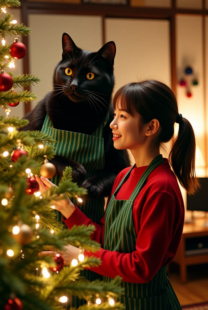 ultra-realistic, photorealistic, dramatic scene, shadow, global-illumination, (the human-like very large black cat with vertical striped green apron is decorating a Christmas tree in the stylish Japanese apartment room), (A beautiful with cute Japanese 20 years old girl is also decorating a Christmas tree), (20 years old girl with shoulder-length brown ponytail hair is showing big smile), the girl looks so happy, a TV and table and shelf are in the room, gorgeously decorated with Christmas decorations