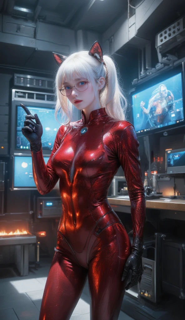 raw photo, full body shot, Cute posing European girl, Beautiful face, Long white straight hair, red costume, TronFashion style 8k UHD, SLR camera, soft lighting, High quality, detailing, Fujifilm XT3, (complex parts:0.9), (HDR, Super detailed:1.2)