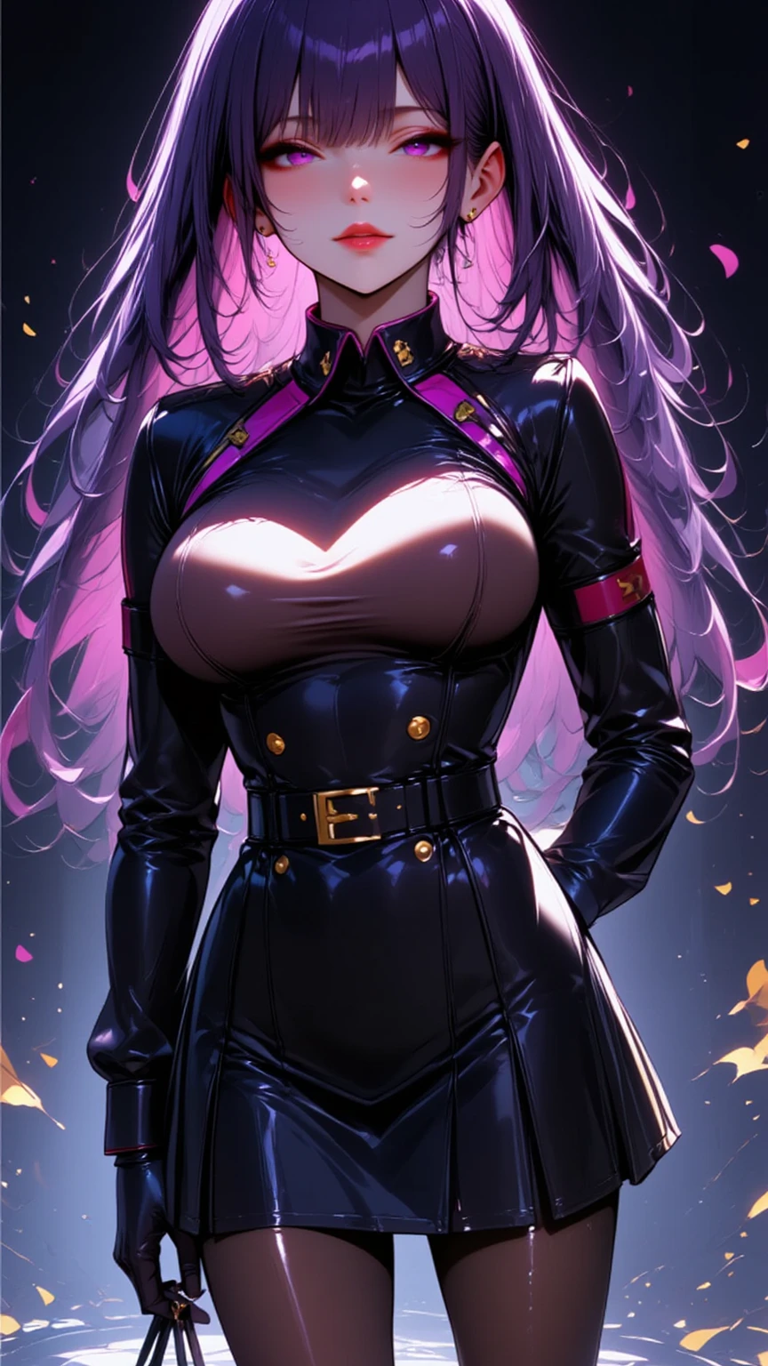 1girll,Gorgeous Hair in Long Purple,Purple one-piece skinny leather coat,Tattooed with,There is a red ribbon around the waist,purple boots,The thigh has leg rings,There is a katana in the left hand,The right hand has a purple energy glow,Hands full breasts, Convex buttocks, city ruins,holy rays,A desert,Detailed background, Clothing details, perfectly proportioned, filmgrain, Fuji colors, lightand shade contrast, tmasterpiece, high detal, high qulity, A high resolution, Cinematic lighting, 8K, Textured skin, Super detail