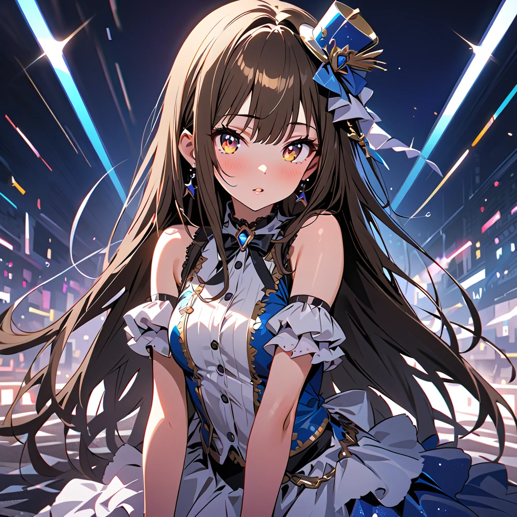 (masterpiece),(best quality),(ultra-detailed),(best illustration),(best shadow),(absurdres),(detailed background),(very aesthetic), rin shibuya, 1girl, solo, brown hair, jewelry, long hair, earrings, looking at viewer, green eyes, parted lips, hair ornament, portrait, seductive smile,