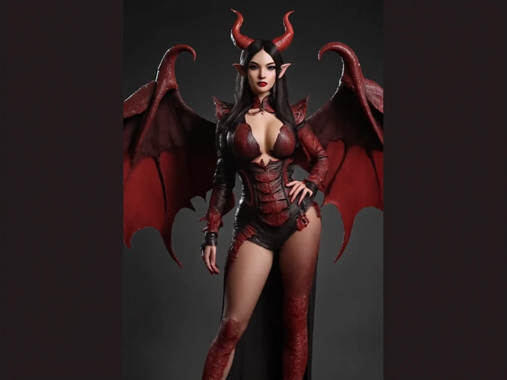 color miniature, 3d printing, fabulous succubus woman, short pixie haircut, dark hair, model pose, demonic wings, sitting on a stone, hyperdetalization, post-processing, painting, high contrast, on dark red velvet, face detailing