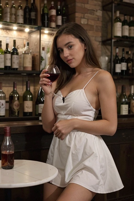 ((look front the camera)), ((woman sitting fron the camera)), at a table drinking a glass of wine, enjoying a glass of wine, massive breast, chubby body, 30-year-old french woman, drinking wine, she holds a glass of wine, big breast, chubby, eating outside, holding a glass of wine, holding glass of wine, inspired by Ion Andreescu, summer evening