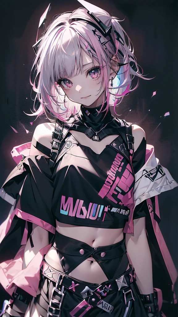 anime girl with a cap, white hair, street background in neon pink and blue colors, scars, stickers, smirk face, neon style of whole shot