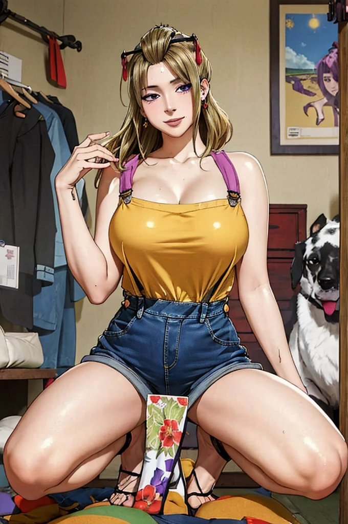 ((((masterpiece, best quality, high resolution)))), full body, Extremely detailed 8K, tsukuyo from gintama, Beautiful girl with voluptuous body, (Ultra HD, Ultra-detailed, Highly detailed, Highly realistic, Ultra-realistic, photograph realistic), (1girl:1.5), (Realistic blonde hair), (long wavy ponytail hair, earrings), (dynamic poses), facing at camera, looking at viewer, (blushing red, embarrassed, smile), (purple eyes, sharp eyes), (huge perky breasts:1.3), (beautiful detailed face, beautiful detailed eyes), (yellow t-shirt), ((blue denim short overalls )), (squatting), sweat, glow, (sunbeam, sunlight), ((cowboy shot)), seductive, tall, beautiful delicate legs, accurate human anatomy, feminine body, at a bedroom