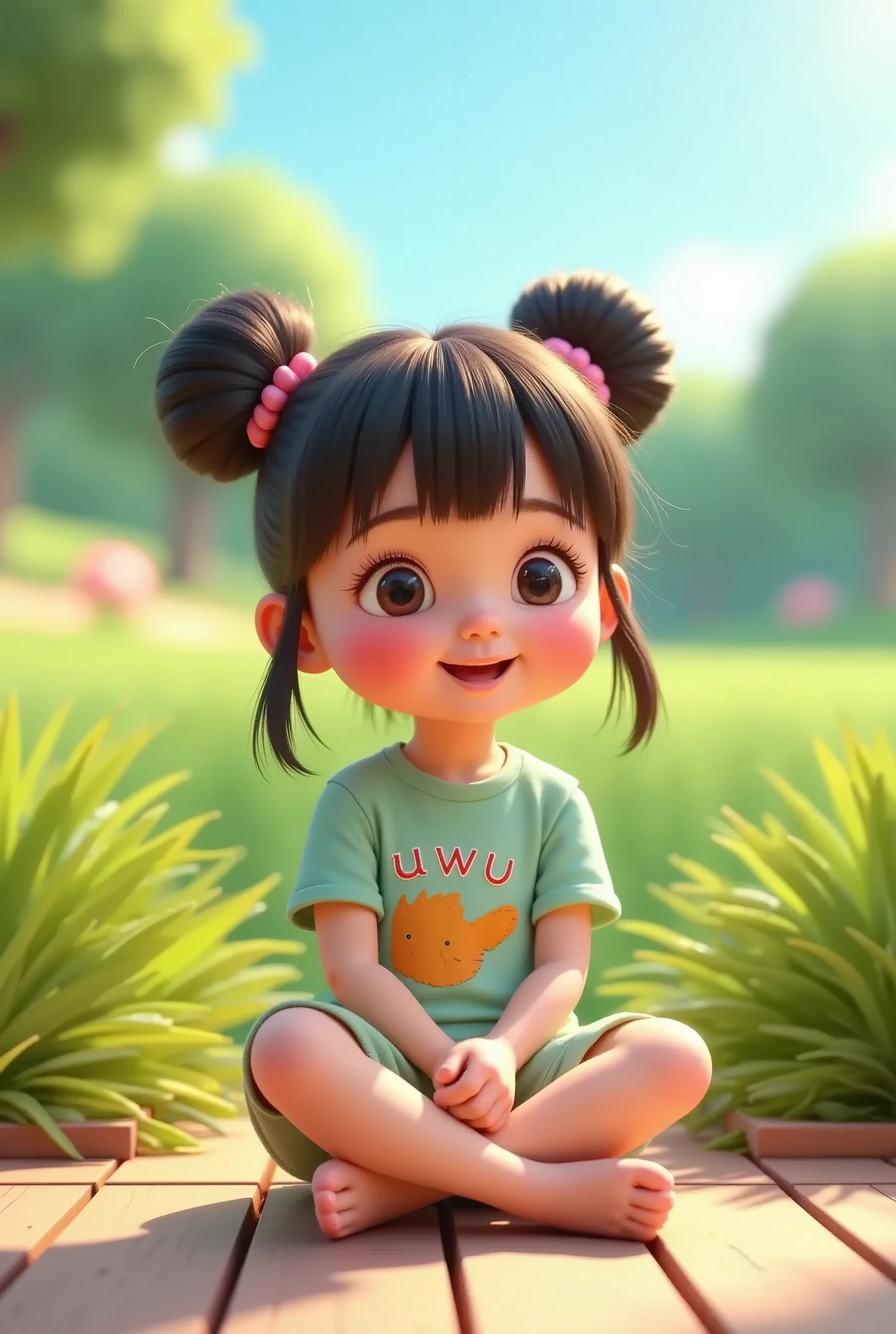 A cute and adorable girl with her hair styled into two high buns and bangs, her shimmering hair strands glowing in the warm afternoon light. She’s a beautiful with rosy cheeks, wearing a pastel-colored shirt with the word “uwu” printed on the front. She sits cross-legged on the wooden floor of a small rustic hut near a vast green rice field. Her bright eyes are filled with awe as she gazes at the serene view of the swaying rice stalks under a clear blue sky. The tranquil scene is complemented by the soft rustling of leaves and the distant sound of a bubbling brook, creating a heartwarming and peaceful moment of pure hood joy and wonder.