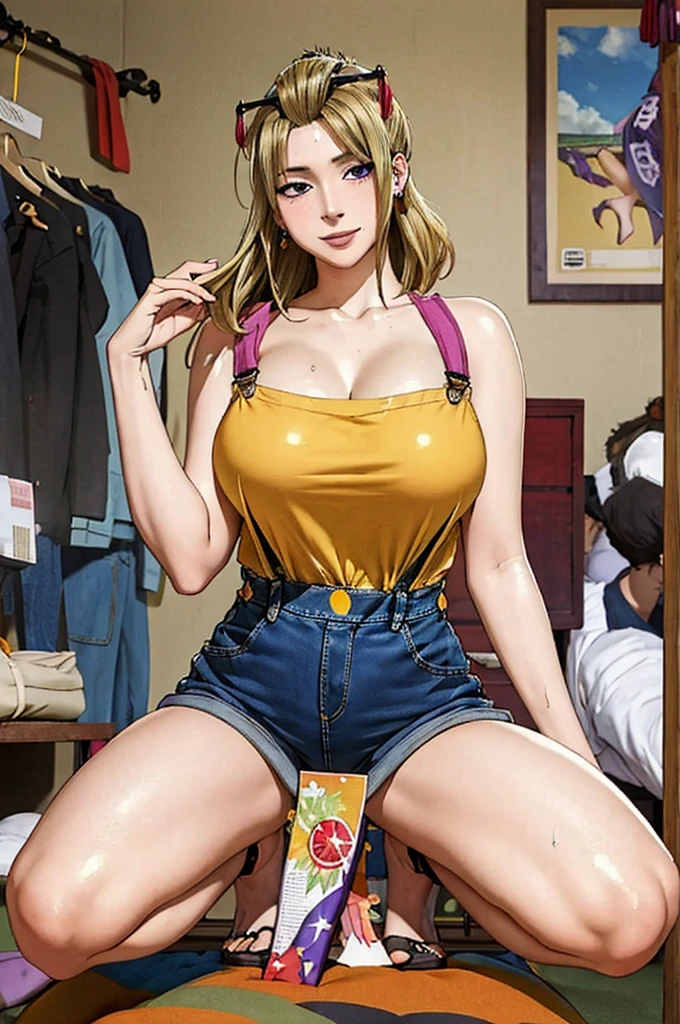 ((((masterpiece, best quality, high resolution)))), full body, Extremely detailed 8K, tsukuyo from gintama, Beautiful girl with voluptuous body, (Ultra HD, Ultra-detailed, Highly detailed, Highly realistic, Ultra-realistic, photograph realistic), (1girl:1.5), (Realistic blonde hair), (long wavy ponytail hair, earrings), (dynamic poses), facing at camera, looking at viewer, (blushing red, embarrassed, smile), (purple eyes, sharp eyes), (huge perky breasts:1.3), (beautiful detailed face, beautiful detailed eyes), (yellow t-shirt), ((blue denim short overalls )), (squatting), sweat, glow, (sunbeam, sunlight), ((cowboy shot)), seductive, tall, beautiful delicate legs, accurate human anatomy, feminine body, at a bedroom