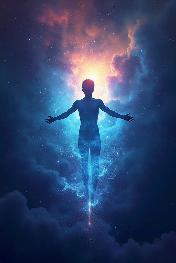 Create an ethereal and abstract representation of the question 'Who is human?' The image should feature a human figure that is androgynous and with indistinct anatomical details, blending seamlessly into the background. The figure should be semi-transparent and surrounded by a cosmic landscape filled with swirling galaxies and stars, symbolizing the boundless potential of the human spirit. The body of the figure should be adorned with flowing, radiant patterns that represent energy and thought, without revealing specific physical attributes. The background should transition from deep space blues and purples to lighter, vibrant colors at the top, symbolizing enlightenment and self-discovery. The figure’s pose should convey introspection and connection with the universe, with arms extended towards the sky and a contemplative expression on its face.