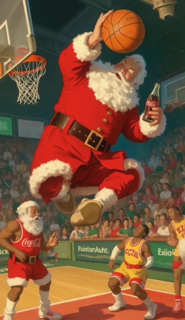 santa claus playing basketball. one hand slam dunking into the basket while the other hand holding a bottle of coca-cola. He jumps high in the air for the slam dunk while the other basketball players stand on the floor.