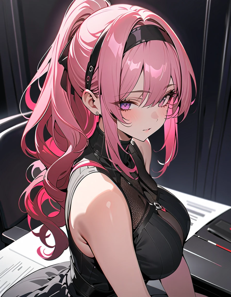 ((masterpiece,High resolution,Highest quality))
(Mature 2,One Light-skinned woman,Very small waist,Big breasts)(Light atmosphere,Seductive eyes)(Red ponytail hair curled into a curl at the end, Light purple eyes,Sharp Eyes)(full body black turtleneck, pink Highlights Accessories, Hairband, Emotionless, in the office sitting, Close up)