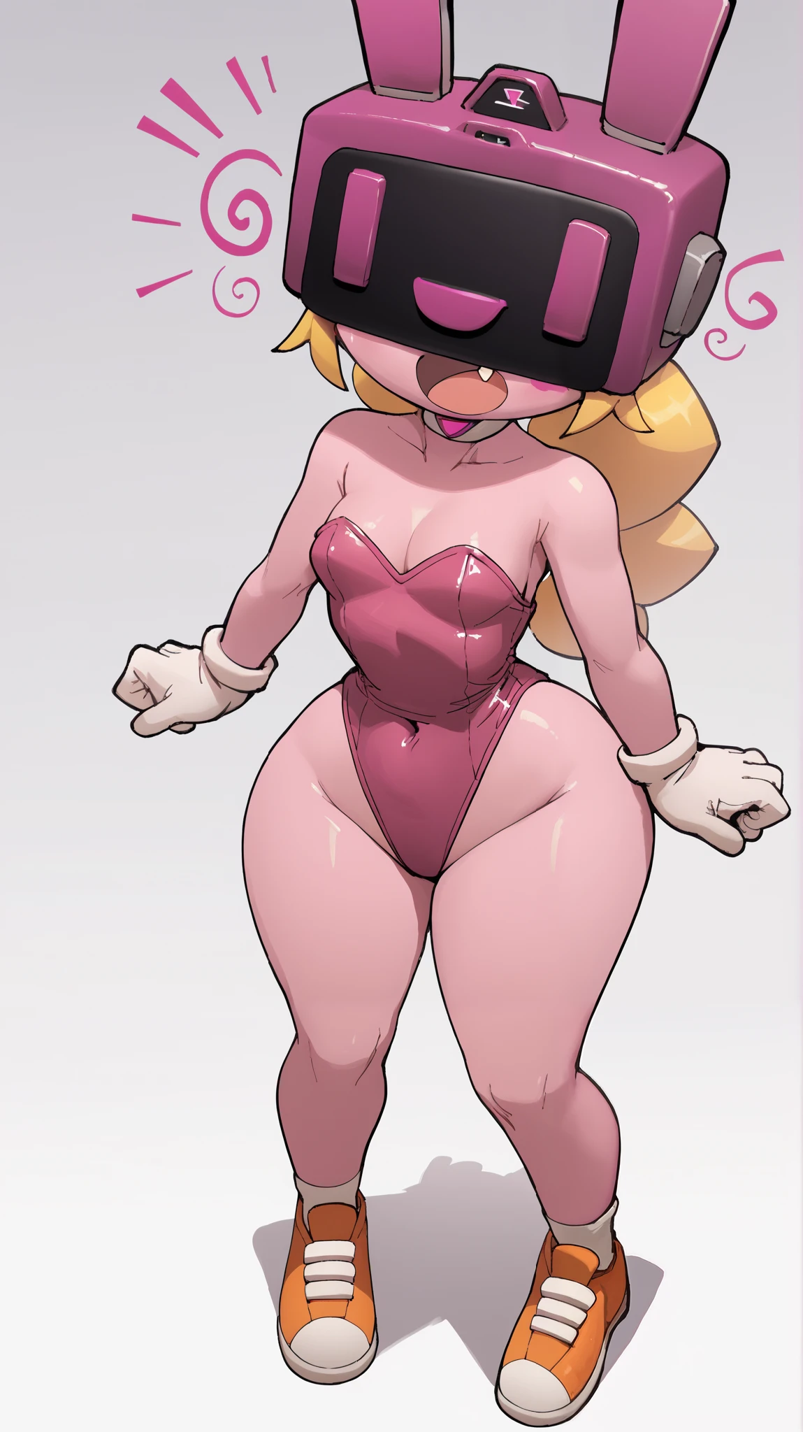  masterpiece fails,  better quality , 2D, female, solo art, whole body, anthro, Goombella, Goombella (\Paper Mario)\,  wide hips , tiny height, fang, pink colored skin, blonde hair, wears a playboy , zkovisor , Hypnotic Visor,  wears a grand helmet on his head,  costume resists hypnosis, screams,  scared , panics , top view dynamic angle