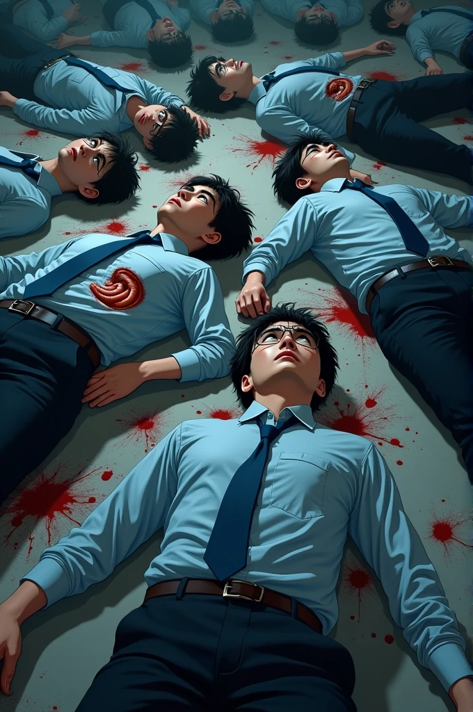 an school corridor with bright colors, and some corpses of zombies, anime style