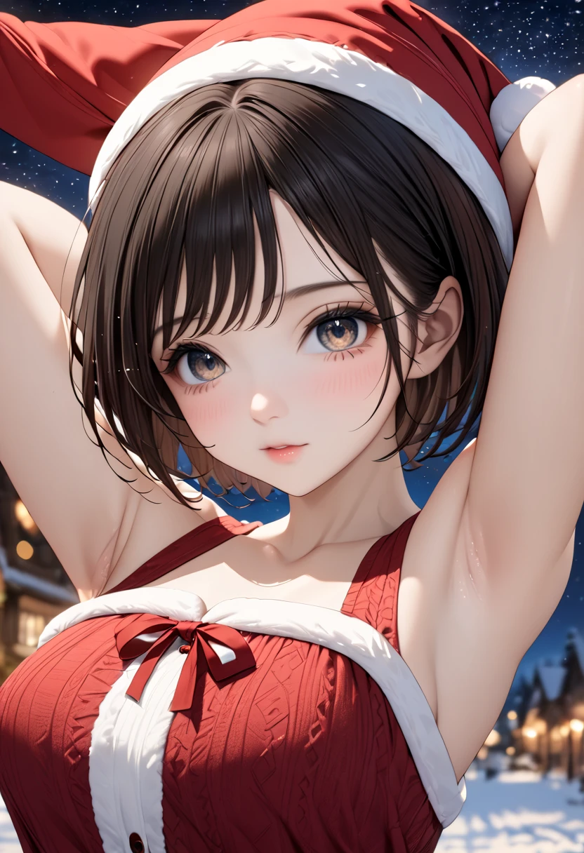 ((masterpiece)), ((best quality)), (ultra-detailed), ((kawaii)), cute, (lovely), realistic, real, a cute girl, 1girl, solo, (Women's Santa Claus costume:1.6), beautiful black hair, beautiful brown eyes, ((beautiful eyes)), short hair, super detailed skin, perfect anatomy , detailed , beautiful detailed eyes, perfect face, perfect eyes, photo, an extremely delicate and beautiful, small face, perfect fingers, sfw, Upper body, focusing on armpits, Night, starry sky, sexy , (spread armpit, arm up, armpit, lay hand on own armpit),