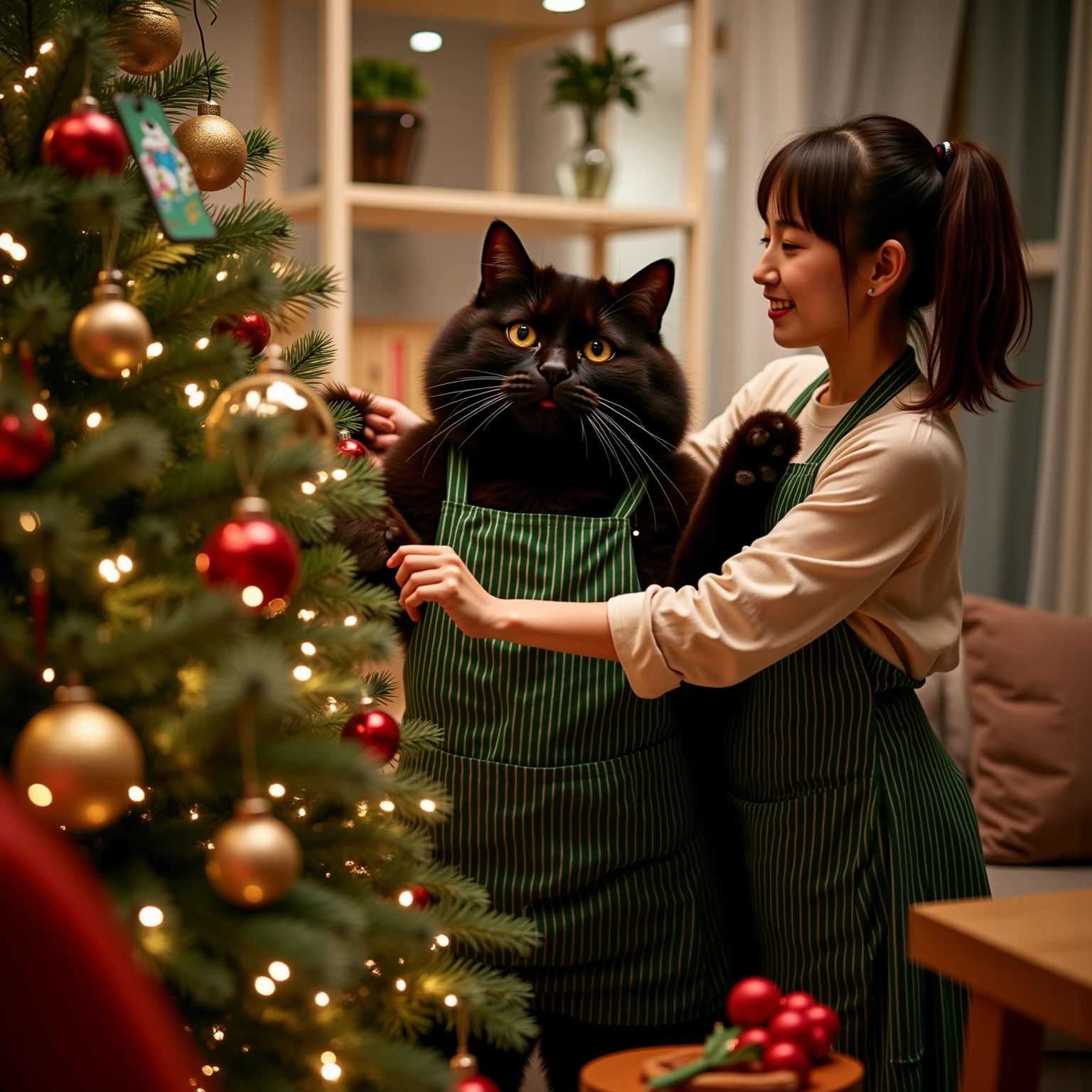 ultra-realistic, photorealistic, dramatic scene, shadow, global-illumination, (the human-like very large black chubby cat with vertical striped green apron is decorating a Christmas tree in the stylish Japanese apartment room), (A beautiful with cute Japanese 20 years old girl is also decorating a Christmas tree), (20 years old girl with shoulder-length brown ponytail hair is showing big smile), the girl looks so happy, a TV and table and shelf are in the room, gorgeously decorated with Christmas decorations