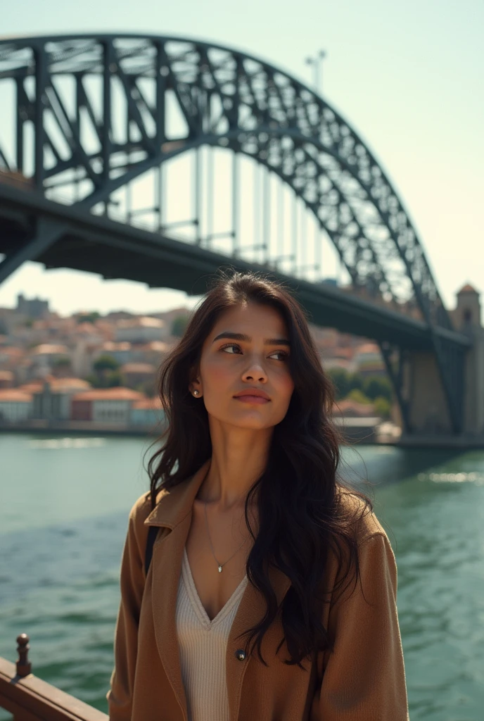 Latin woman in blue blouse with cable-stayed bridge in Teresina in Piauí (brazil) Ao fundo.