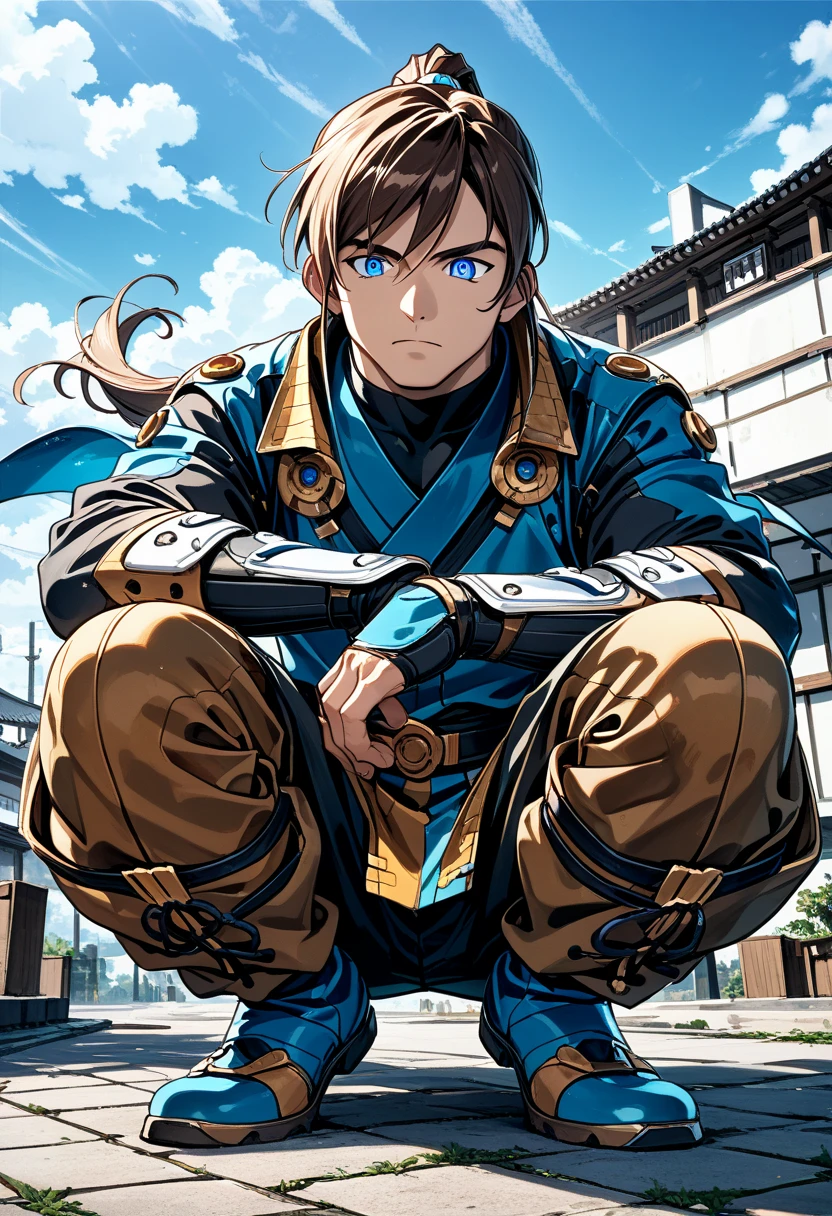 (score_9:0.7), score_7_up, source_anime,
1boy, male, tall, handsome, 
brown hair, high ponytail, bangs,
blue eyes, half-closed eyes, serious, 
squatting,  ninjya costume, black,

low-angle view, from below, looking down, full body, facing viewer, hip focus, facing up,
masterpiece, best quality, very aesthetic, absurdres, ultra detailed, 
detailed face, detailed eyes,