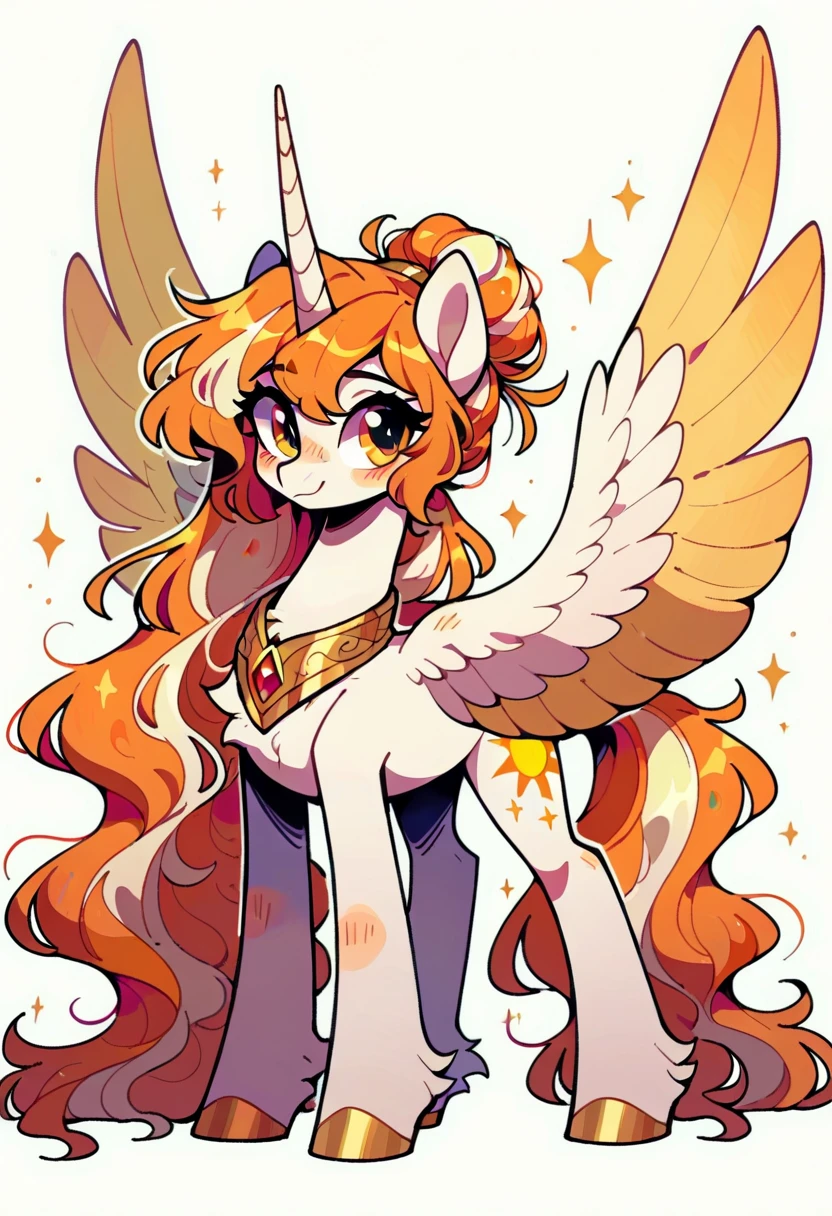 creation《My Little Pony》Role，woman，Alicorn，Very tall ，Very thick legs ， with pale white and golden fur ， has long flowing orange hair with a bit of blond， The hairstyle is similar to Kiana's ， golden eyes，There are gold edges on the tips of the wings， have gold edges on the ends of their hooves，The five-pointed star pattern ， The wings are unfurled or closed ，Full body picture， pure white background