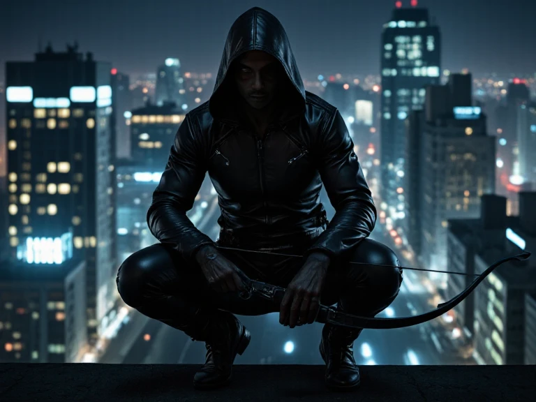 A black leather full-body image 、and a hood, Close-up of a hooded person in invisible armor . wears leather armor, Tights.epic ninja suit, Rogue.Leather fit to cover the whole body. smooth leather .Boy Teenage Assassin , stealth suit , Cyberpunk assassin , Squat down on the roof of a skyscraper.Handheld composite mechanical giant bow . black night . Dark atmosphere .Low light.Weak lights cast dramatic shadows. Weird cyberpunk atmosphere . cyberpunk city.Futuristic tech style
