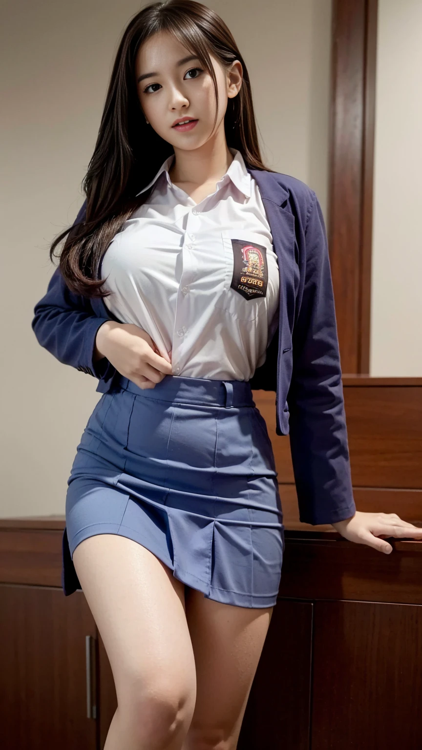 (best quality,4k,highres),ultra-detailed,realistic,cosplay,student uniform, unbutton clothes, mini skirt, skirt lift up, open legs,beautiful woman,big breasts, show nipples detailed, pubic hair,vivid colors,portrait,soft lighting