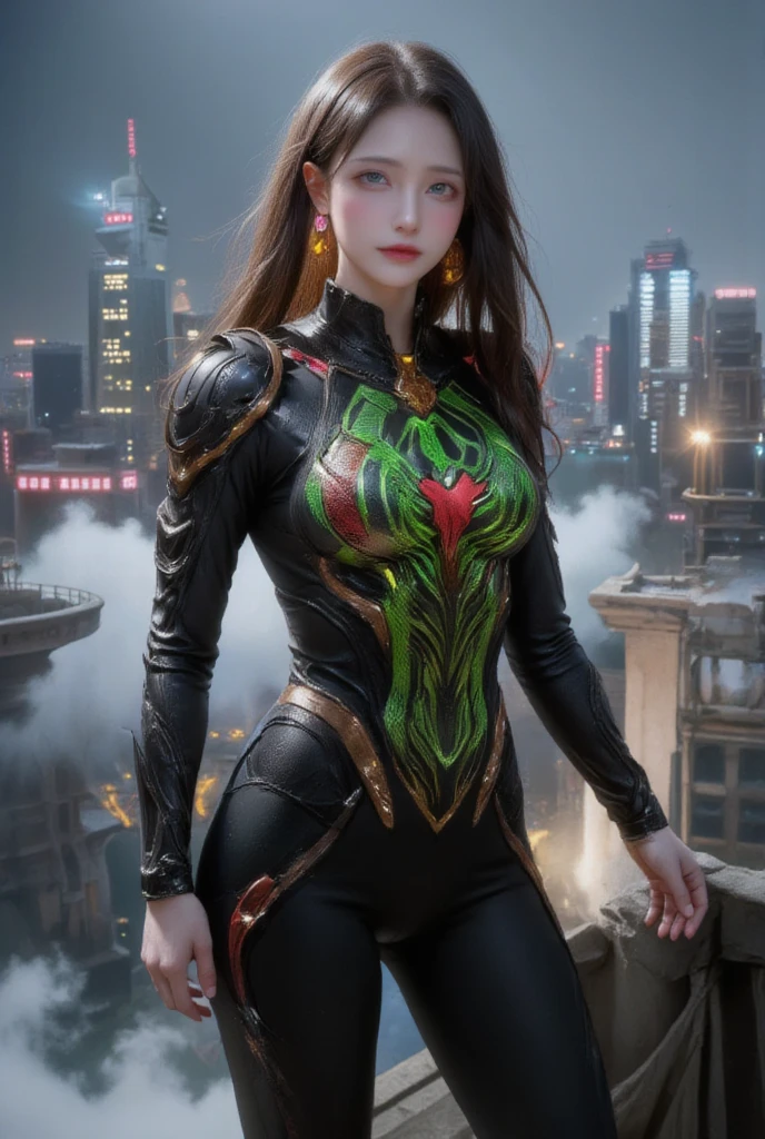 In this full-body portrait, a beautiful and confident Chinese woman is portrayed as a unique superhero, blending the iconic aesthetics of a green Spiderman and a red Black Panther. Her sleek, form-fitting superhero suit features vibrant green web-like patterns, interwoven with striking red tribal markings reminiscent of Black Panther. Her dynamic and elegant stance exudes power and allure, while her flowing hair adds a sense of motion and grace.
The background is a breathtaking futuristic cityscape, illuminated by neon lights and enveloped in a faint mist, creating a dramatic and immersive atmosphere. The lighting is cinematic, with soft, warm highlights that enhance the polished, ultra-realistic finish of the image.
This portrait captures the essence of a modern superhero, merging cultural and comic book influences to create a visually stunning and empowering representation of female strength and beauty.