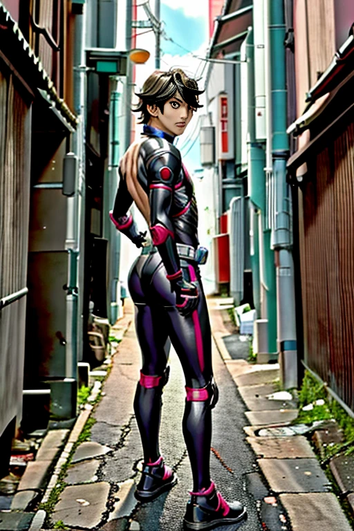 Back Alley, Attractive young Japanese ,  Kamen Rider Cosplay, Looks weak, 18 years old, Weak body